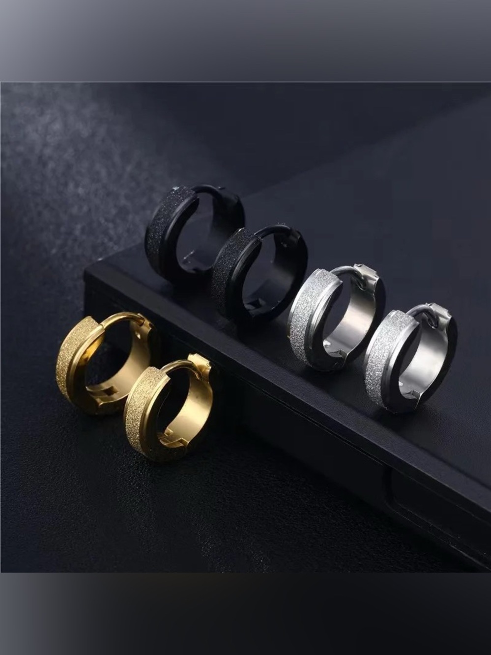 Mens Textured Hoop Huggie Earrings - Black, Silver & Gold
